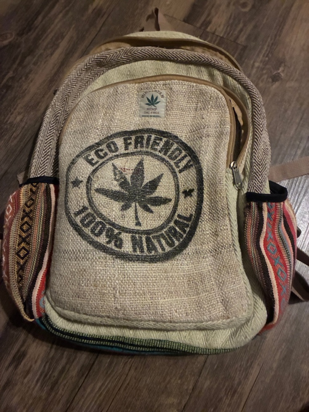 Eco-Friendly Natural Hemp Men's Backpack - Beige with Multicolor Accents